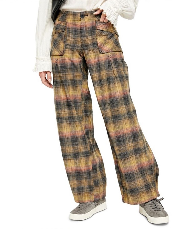 Free People Pants - Free People Birch Plaid Pants XS Wide Leg Cargo Boho Trousers 100% Cotton
